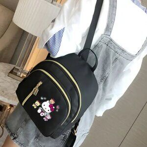 Hello Kitty Mini Backpack – Sanrio Style Black Nylon Backpack with Gold Zippers